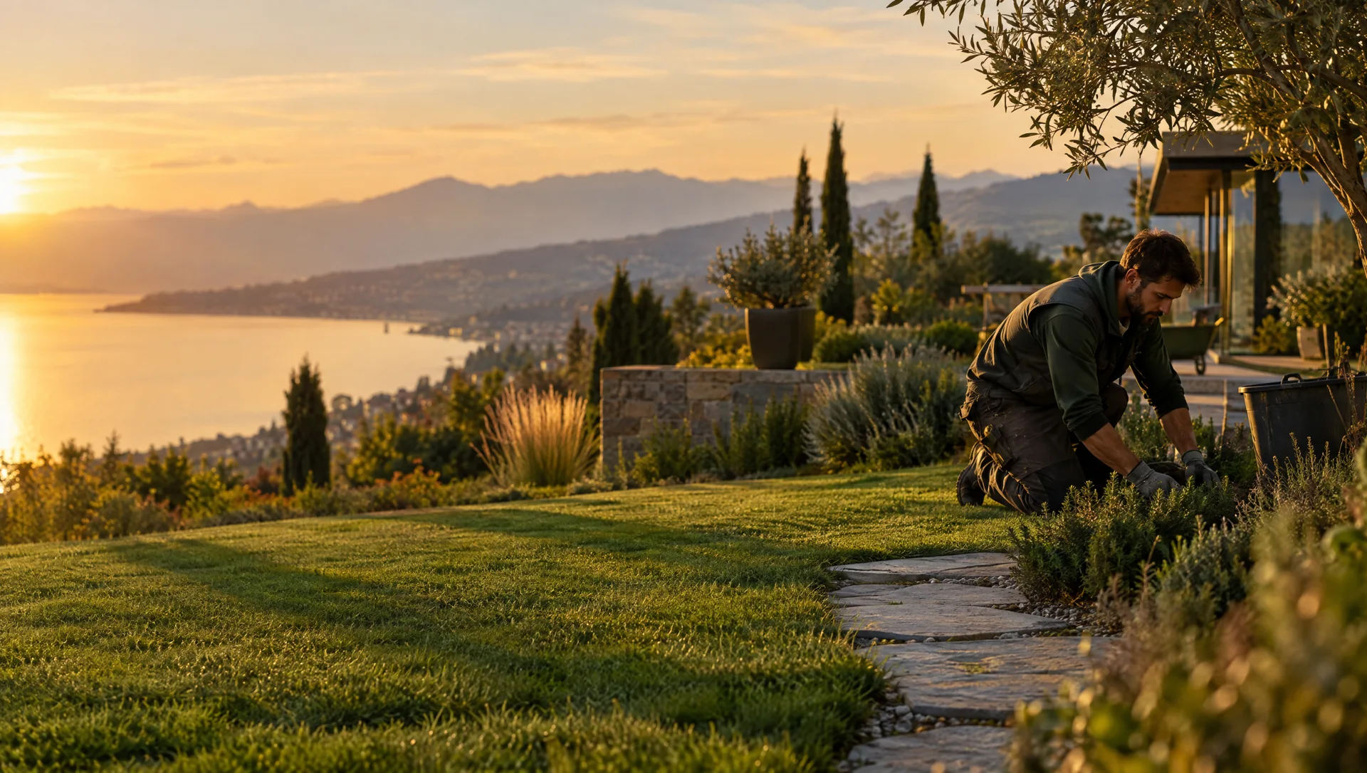 Paysagiste au travail dans un jardin sur les hauteurs du lac Léman, au coucher du soleil
