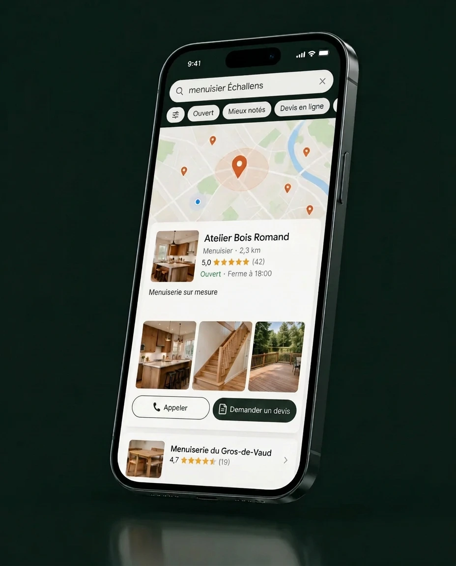 Téléphone affichant une fiche Google professionnelle optimisée pour un artisan
